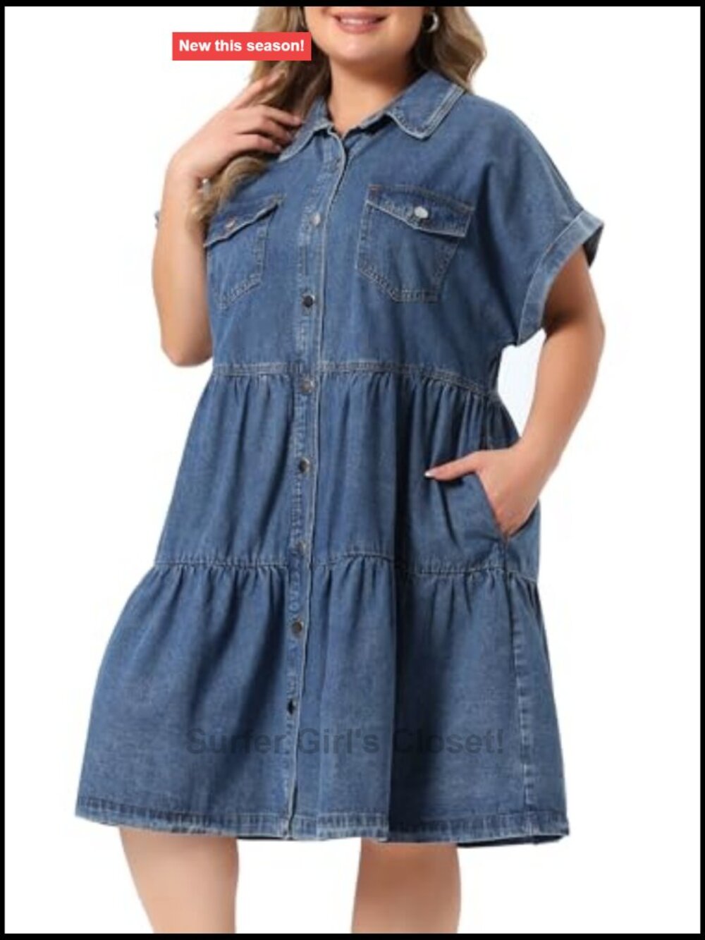 Plus Size Denim Babydoll Dress Button Down Short Sleeve Tiered Pockets Casual - Picture 2 of 6